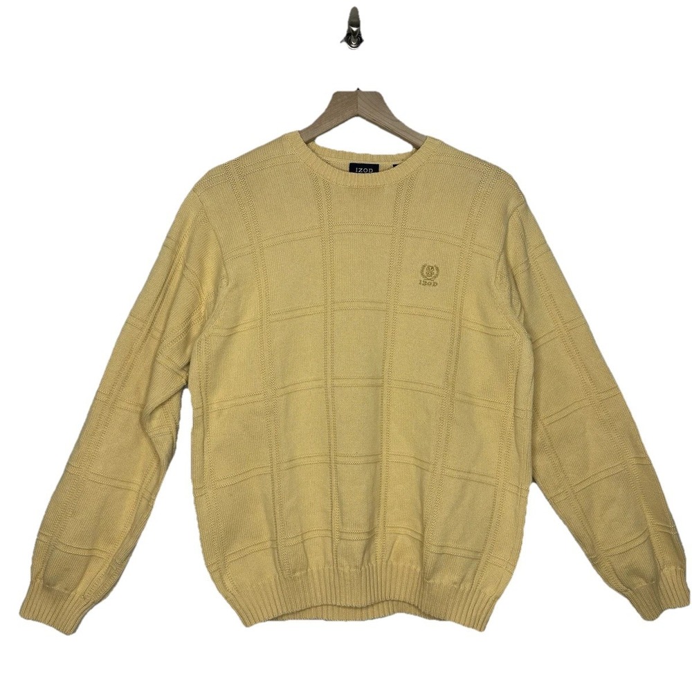 Izod Sweater Large Cotton Crew Pullover Knit Yellow Textured Grandpa Cottagecore